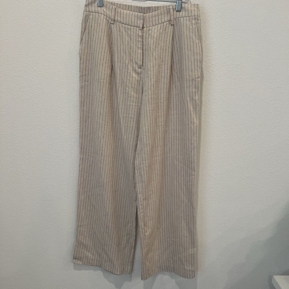 Rachel Zoe Women’s Linen Pants Size 4 Tan Striped Pleated Front Neutral Career